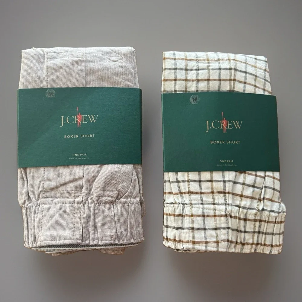 NWT LOT of 2 J CREW Organic Cotton Boxers Underwear Men's Medium Plaid / Brown